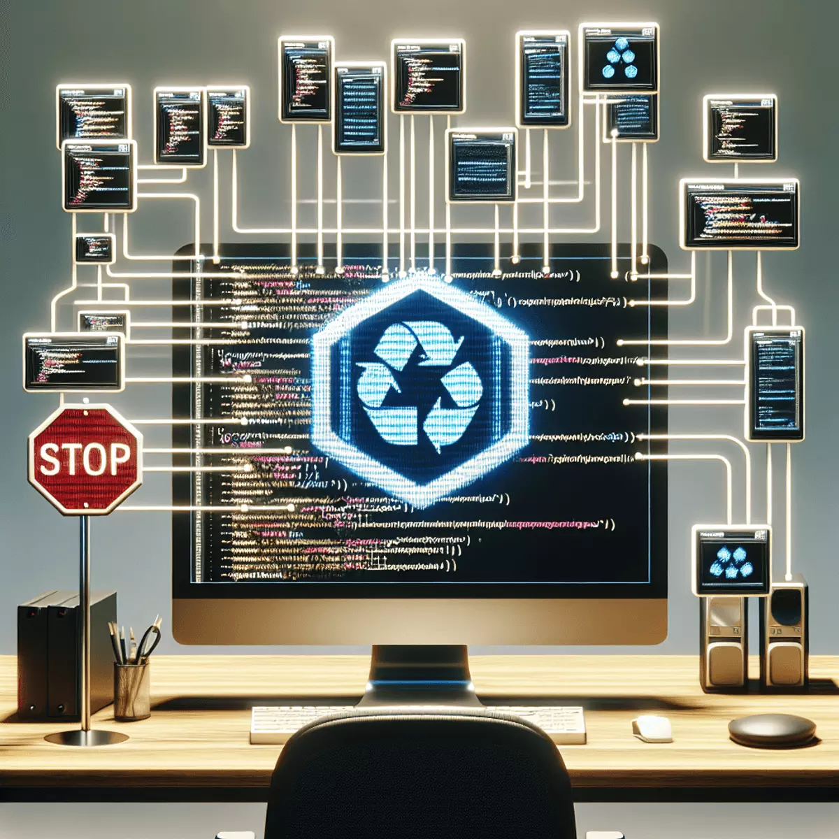 A modern tech workspace featuring a sleek computer monitor displaying abstract code patterns, surrounded by various Joomla! 5 plugin symbols arranged in a workflow layout. In the foreground, a prominent stop sign emphasizes the 'stopPropagation()' method. The overall design is minimalistic, highlighting elements related to coding and software development.